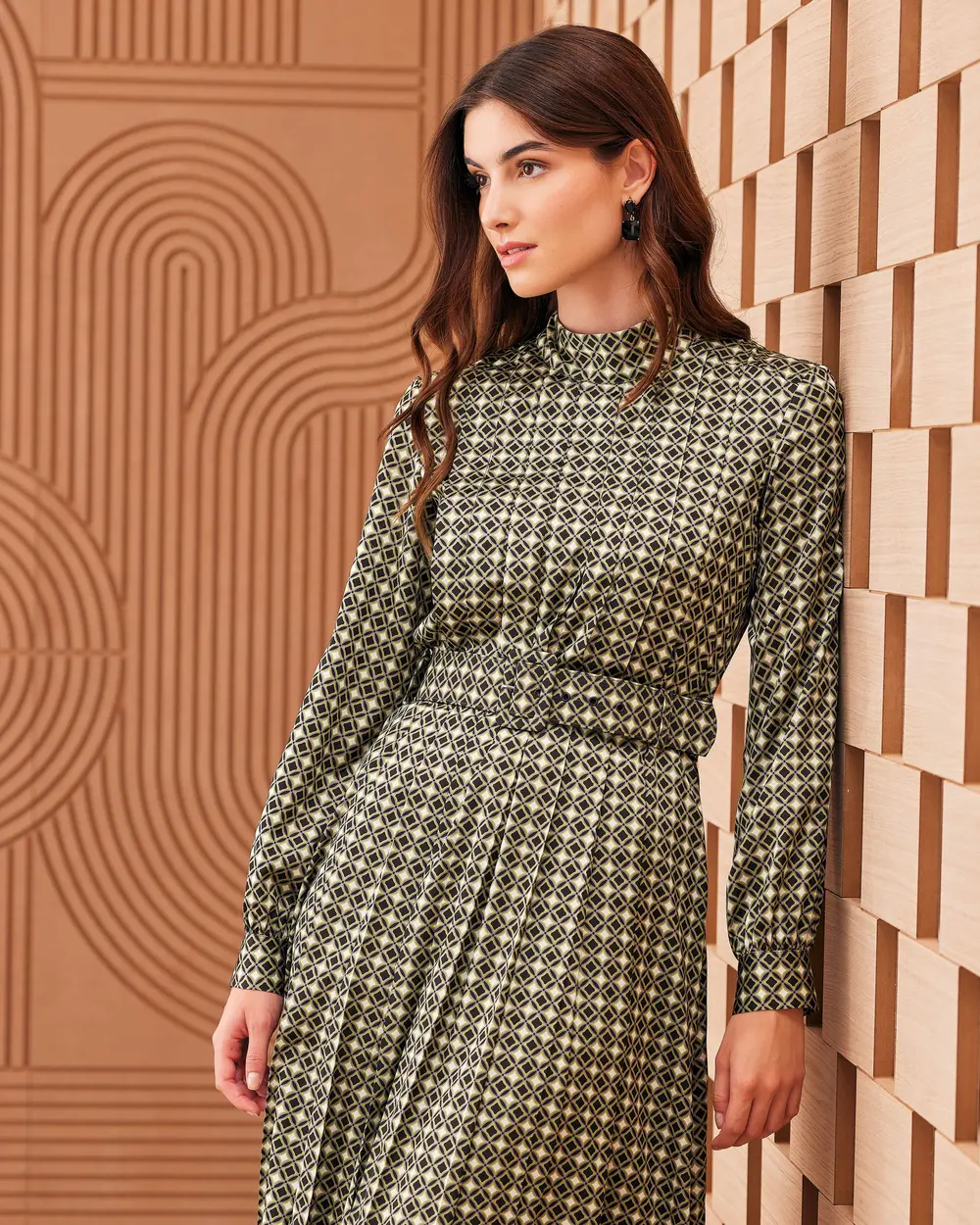 Geometric Patterned Belted Dress with Scarf on the Collar