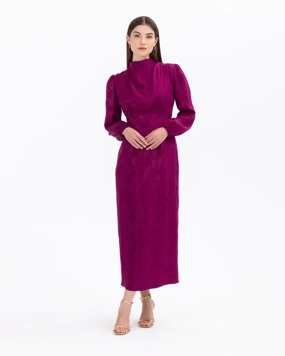 Dik Yaka Bel Detaylı Desenli Elbise