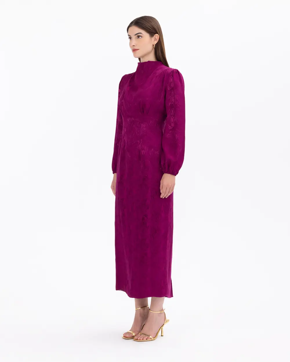 Dik Yaka Bel Detaylı Desenli Elbise