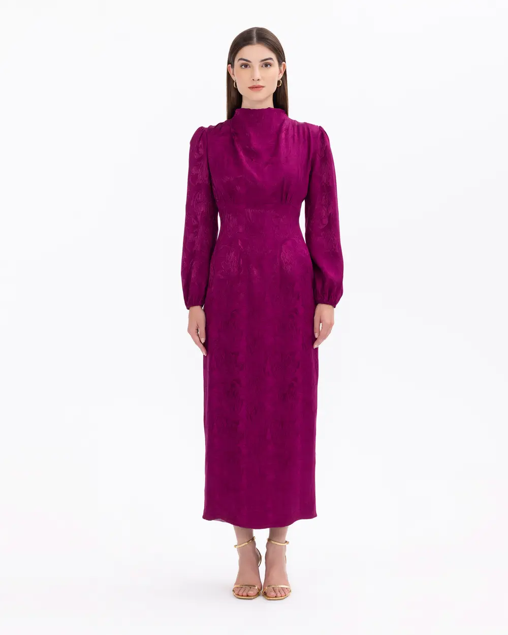 Dik Yaka Bel Detaylı Desenli Elbise