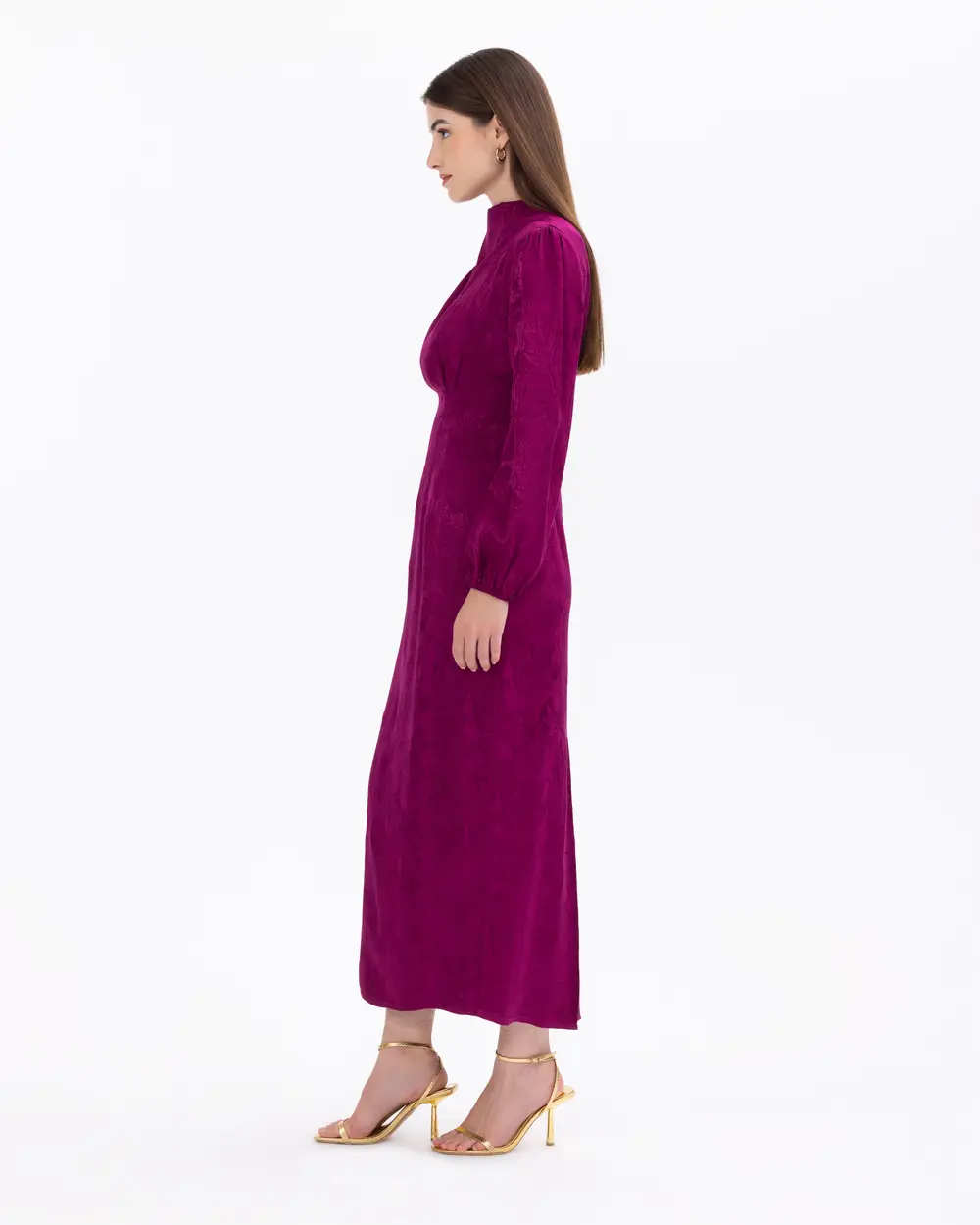 Dik Yaka Bel Detaylı Desenli Elbise