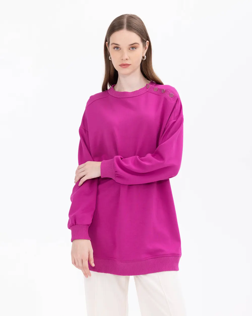Düğme Detaylı Rahat Kesim Sweatshirt Tunik