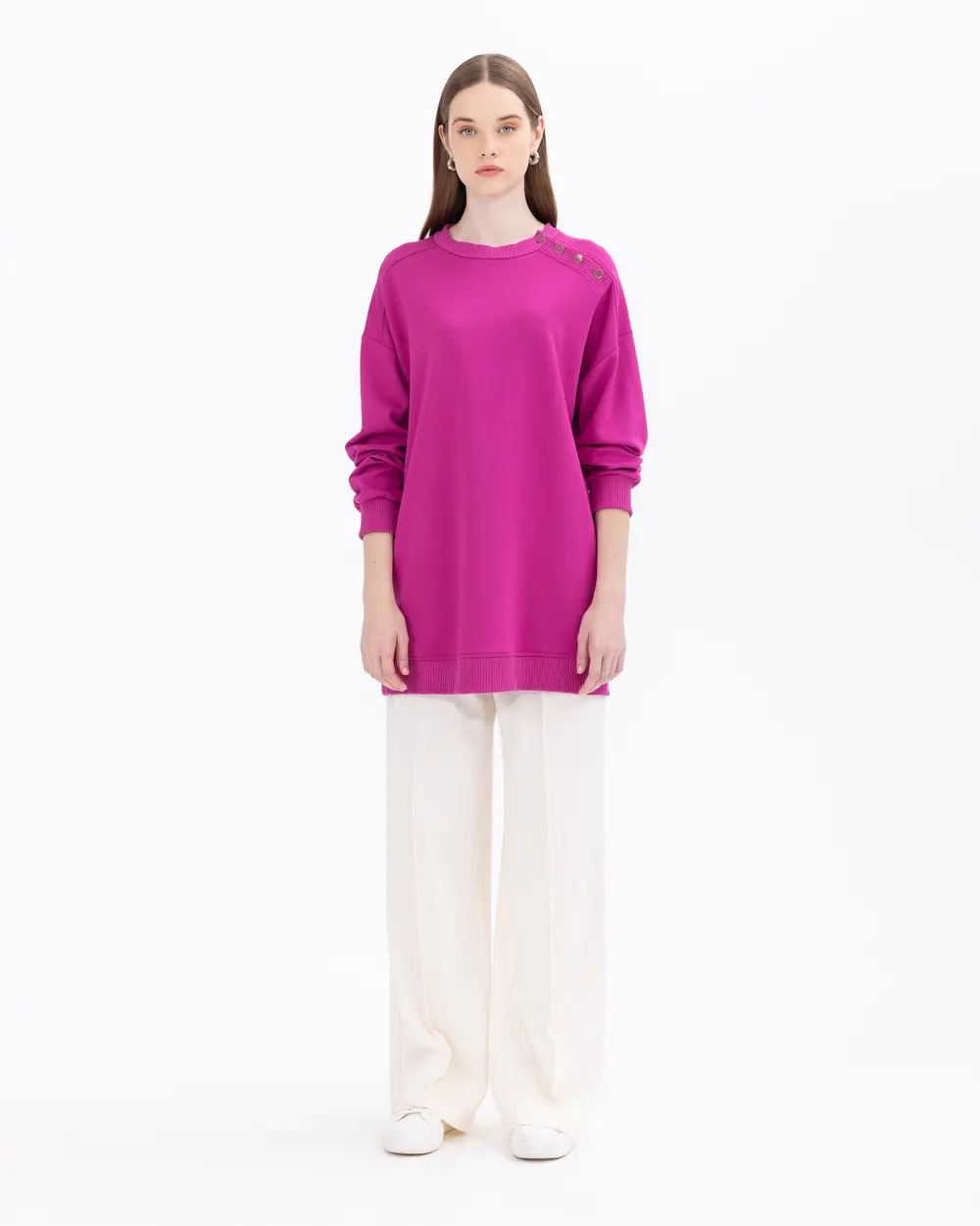 Düğme Detaylı Rahat Kesim Sweatshirt Tunik