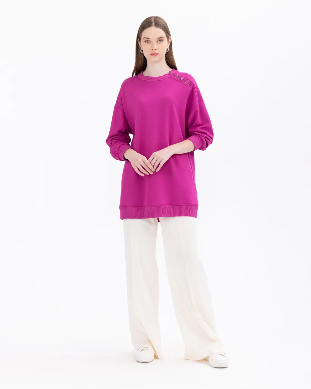 Düğme Detaylı Rahat Kesim Sweatshirt Tunik