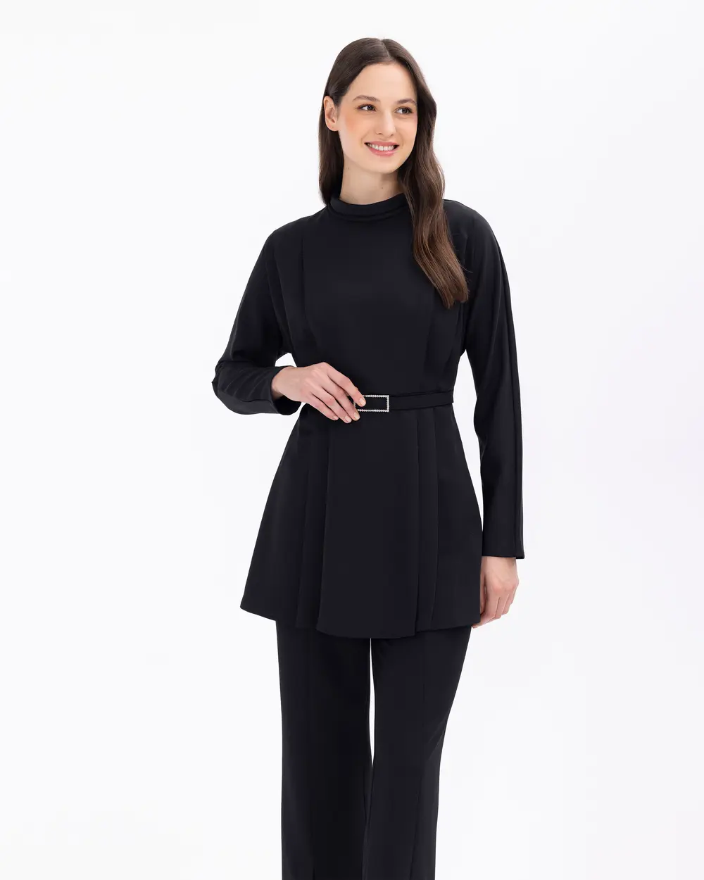 Waist-Belted Woven Pleated Tunic