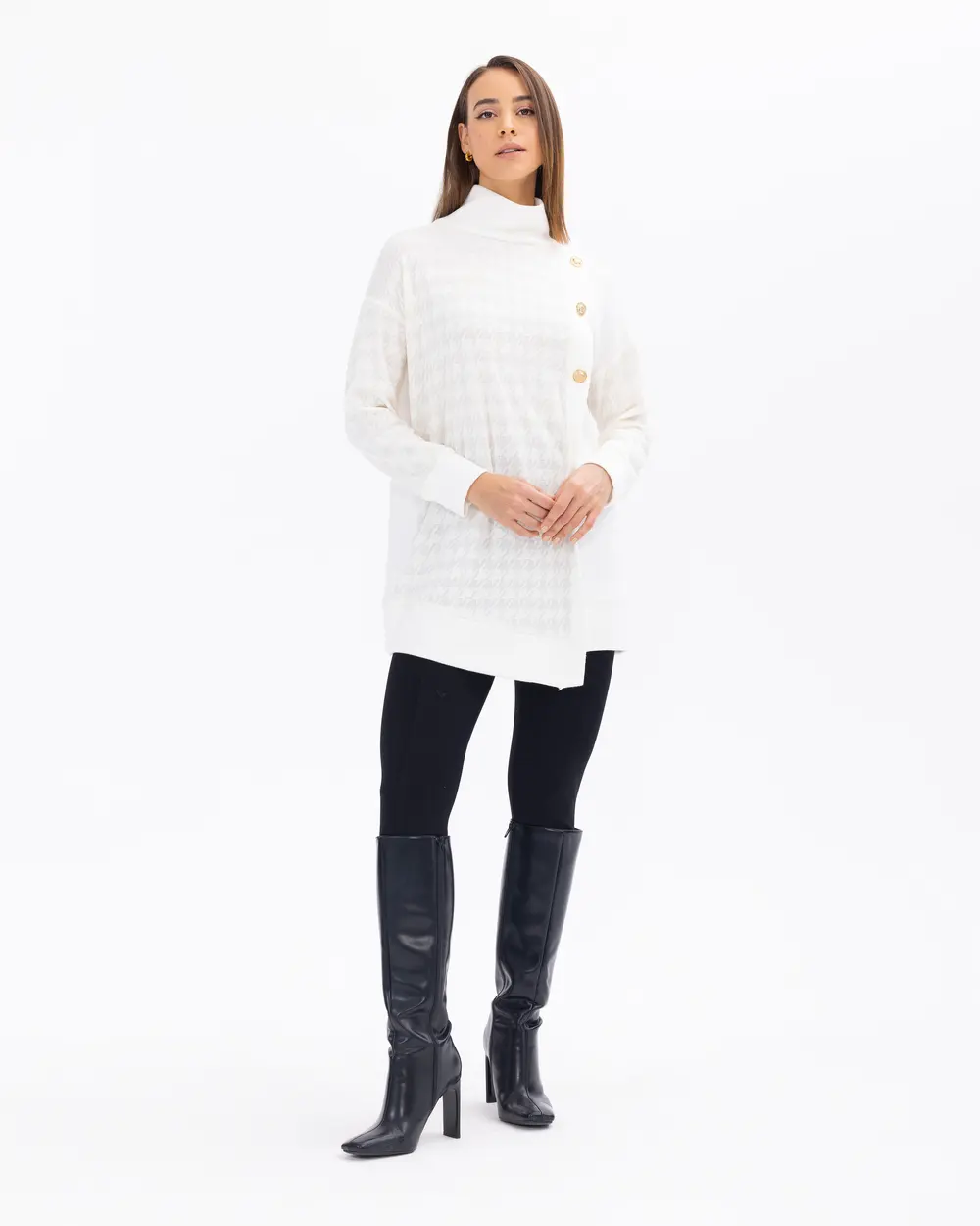 Houndstooth Patterned Full Turtleneck Tunic