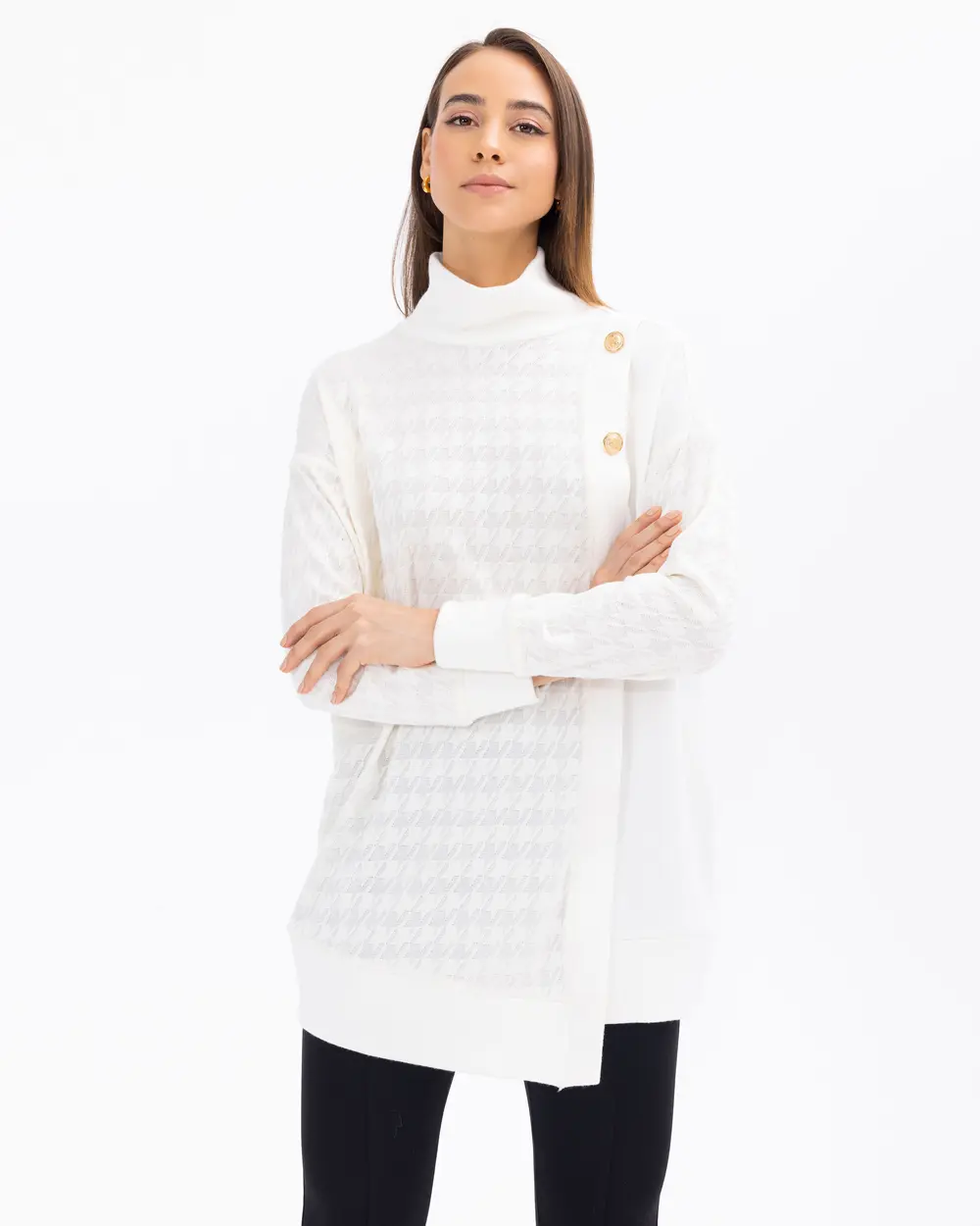 Houndstooth Patterned Full Turtleneck Tunic