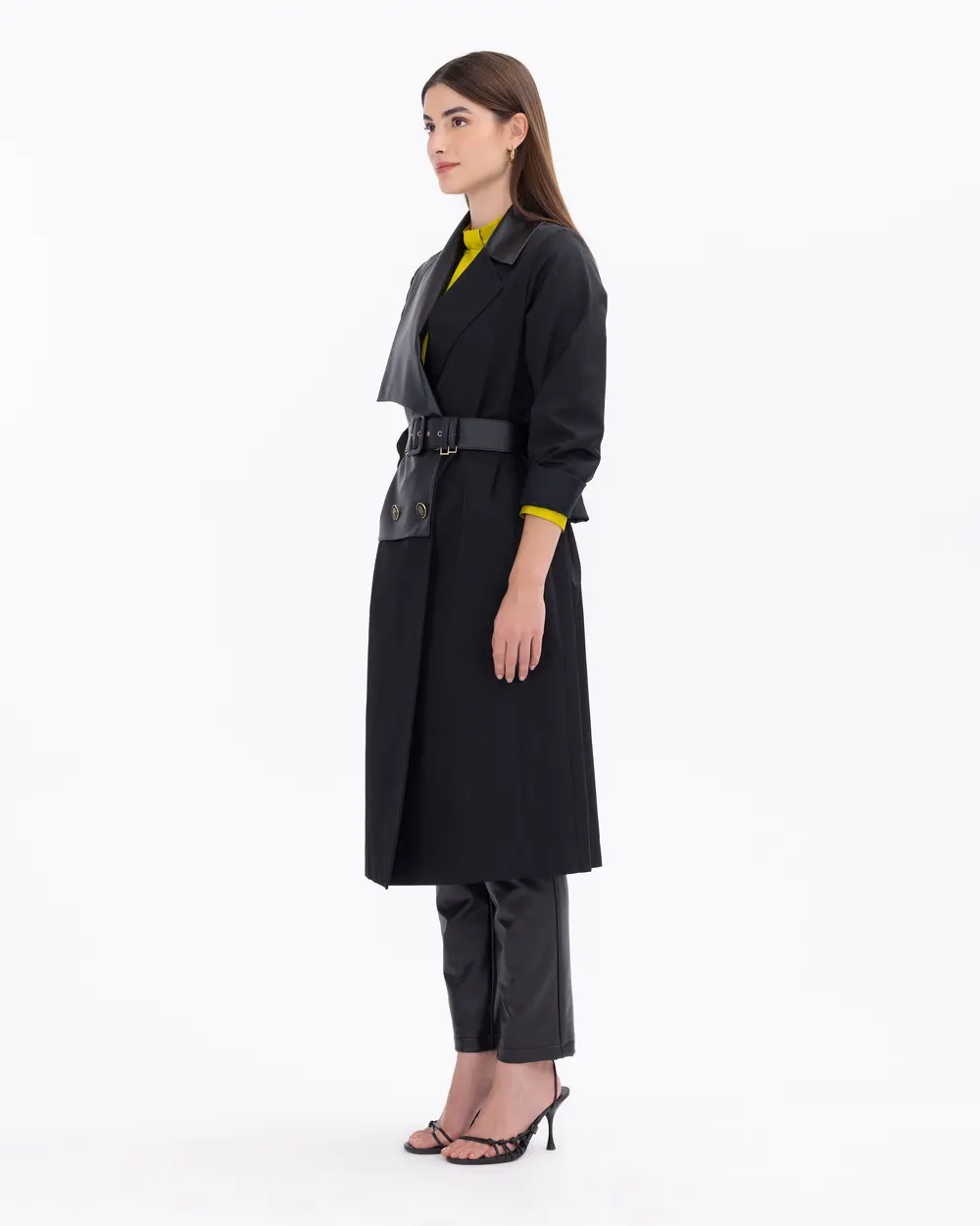 Button Detailed Lined Woven Trench Coat