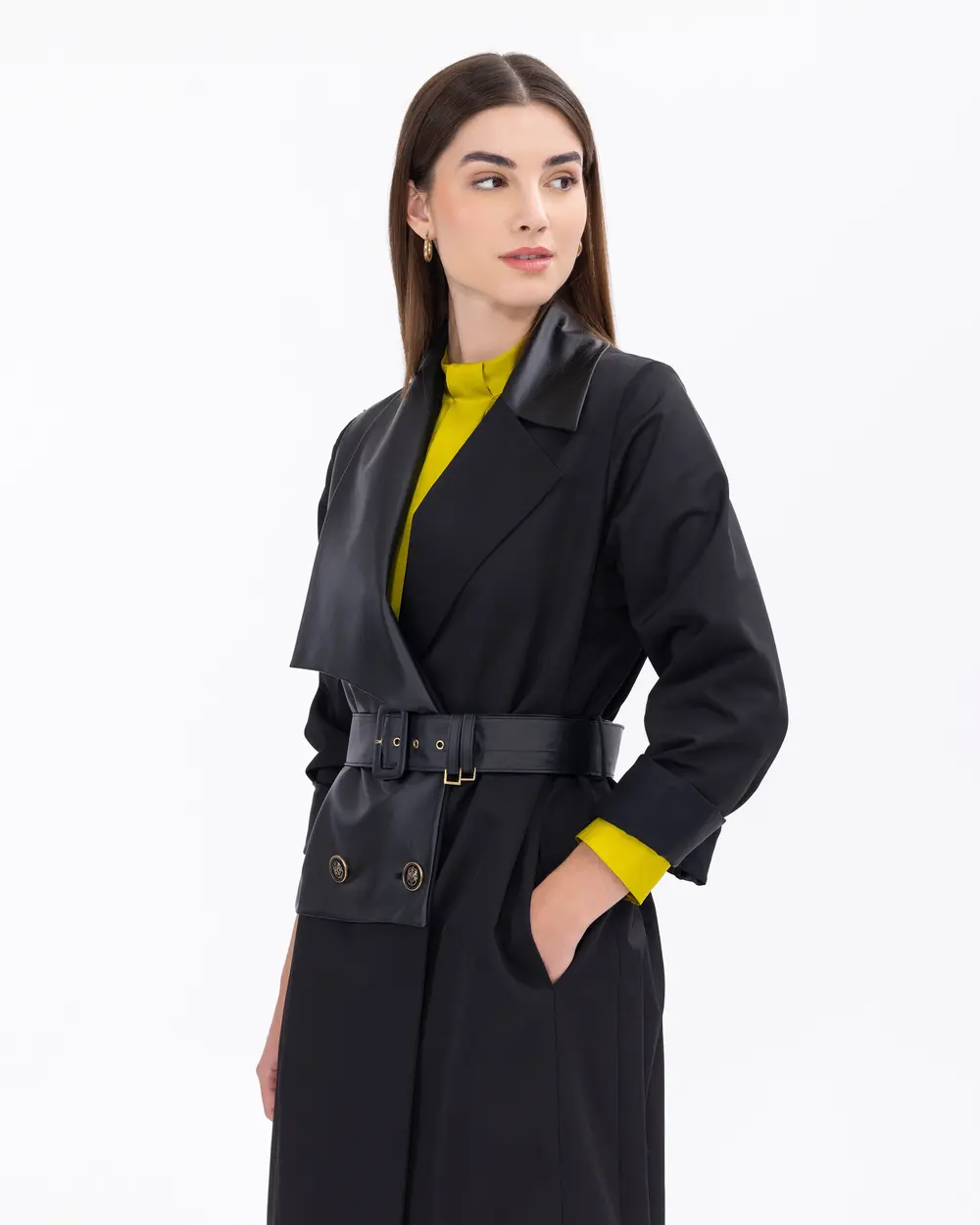 Button Detailed Lined Woven Trench Coat