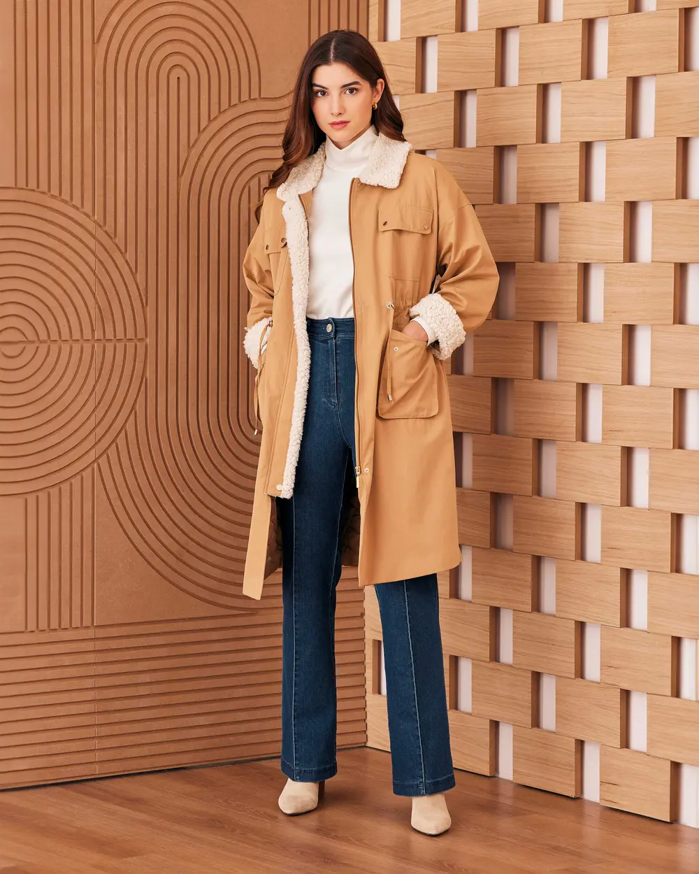 Belted Cashmere Coat with Faux Fur Collar - SecilStore