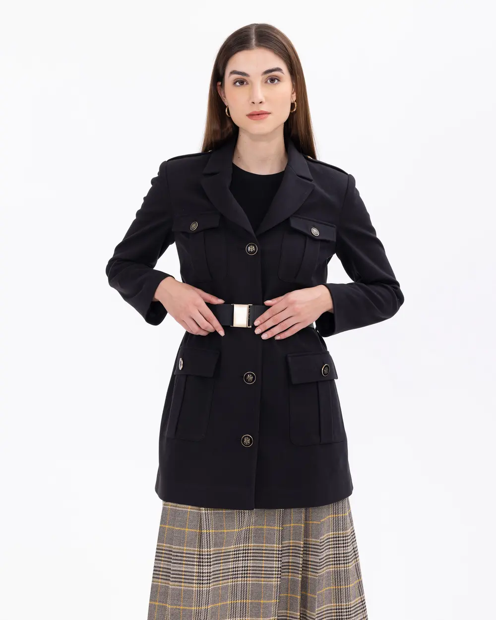 Woven Jacket with Belted Button Detail