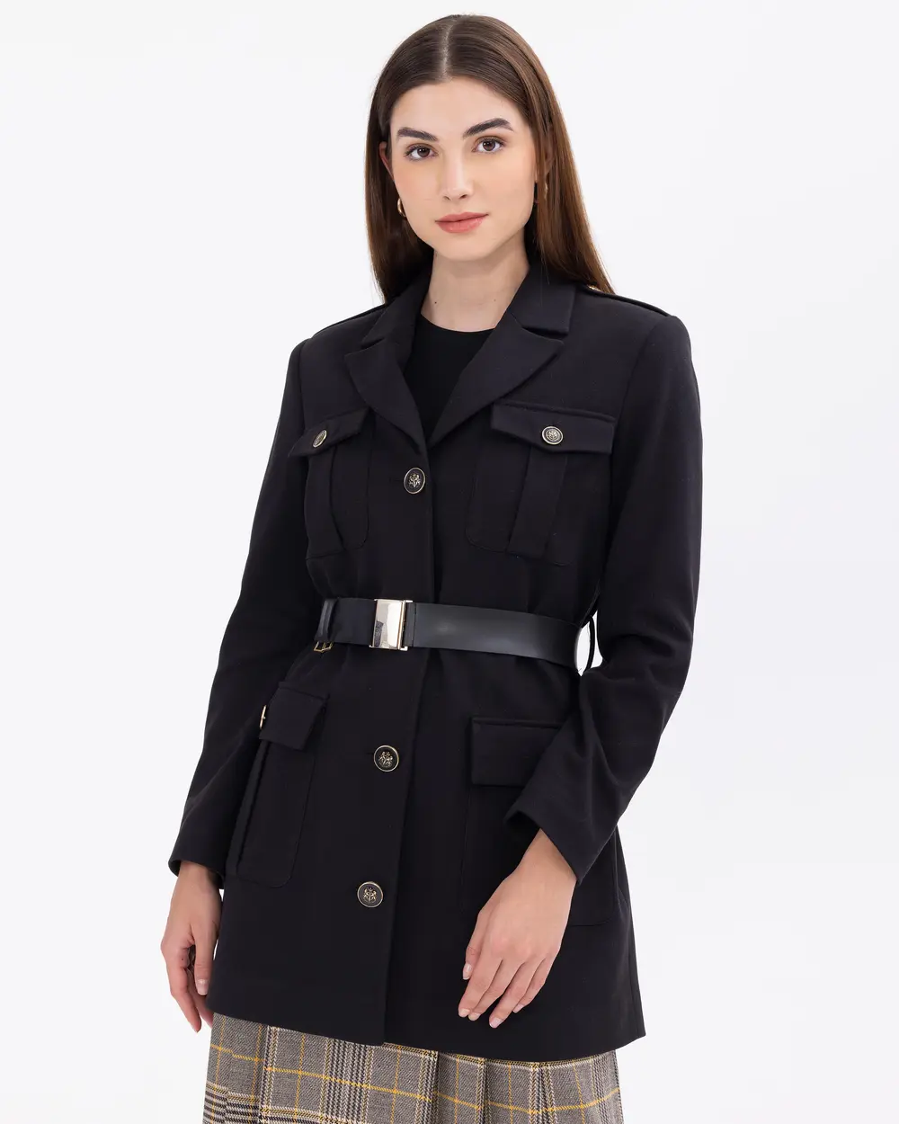 Woven Jacket with Belted Button Detail