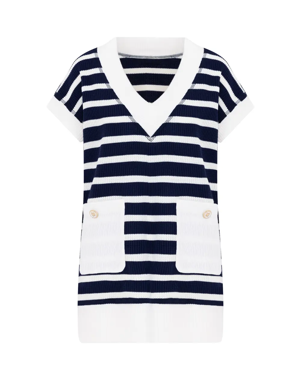 Cep Detaylı V Yakalı Çizgili Örme Süveter