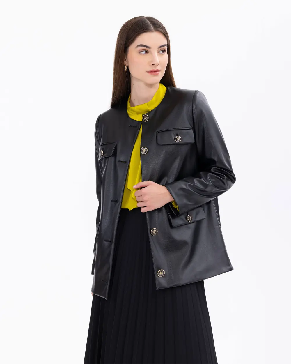 Faux Leather-Lined Jacket with Pockets