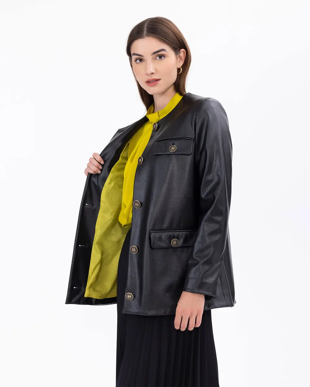 Faux Leather-Lined Jacket with Pockets