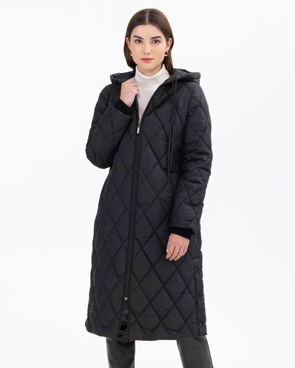 Yanları Düğmeli Kapüşonlu Şişme Kaban