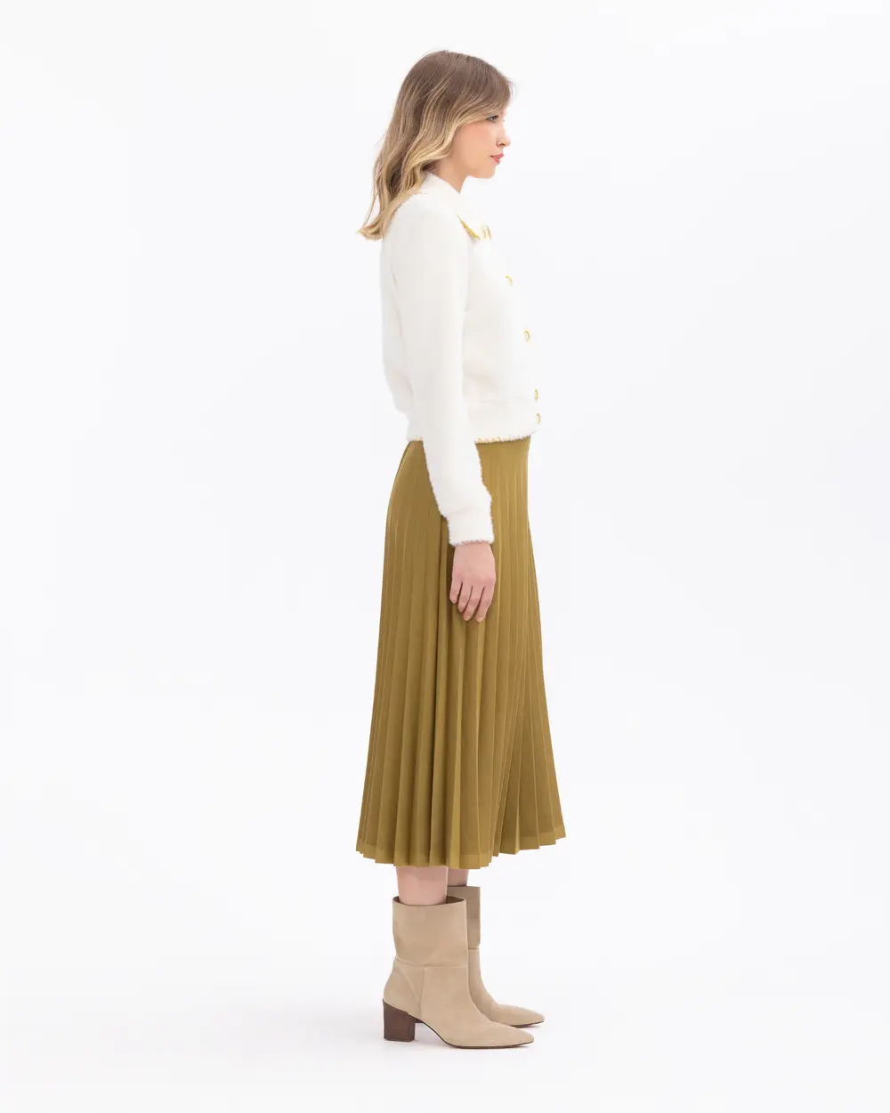 Pleated Knit Fabric Skirt with Elastic Waist