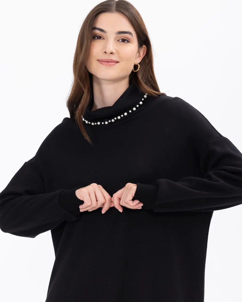 Boncuk İşlemeli Örme Kumaş Sweatshirt