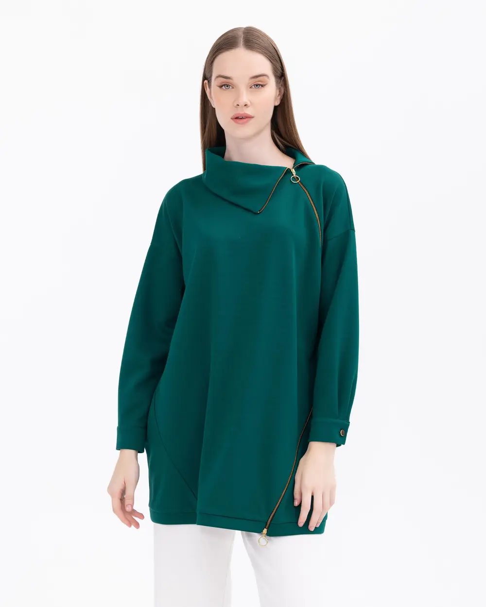 Asymmetric Collar Knit Fabric Sweatshirt