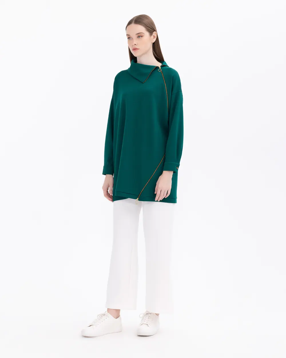 Asymmetric Collar Knit Fabric Sweatshirt