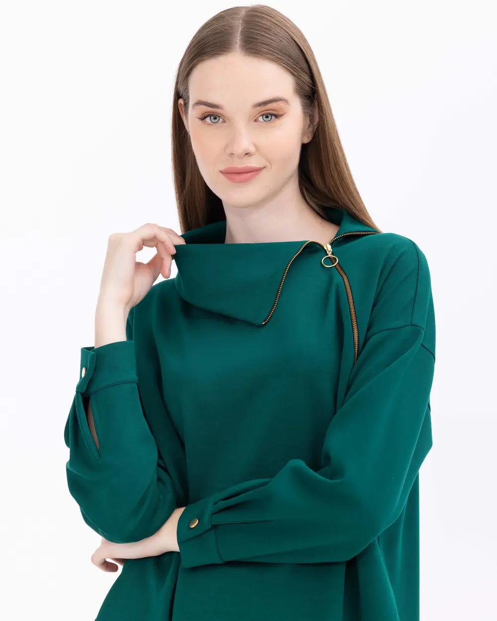 Asymmetric Collar Knit Fabric Sweatshirt