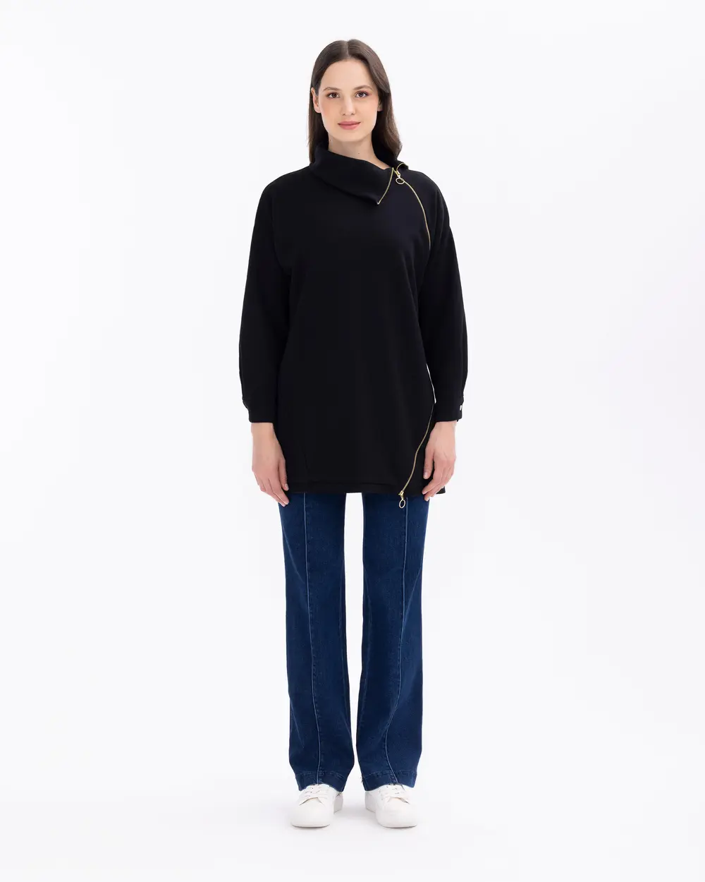 Asymmetric Collar Knit Fabric Sweatshirt