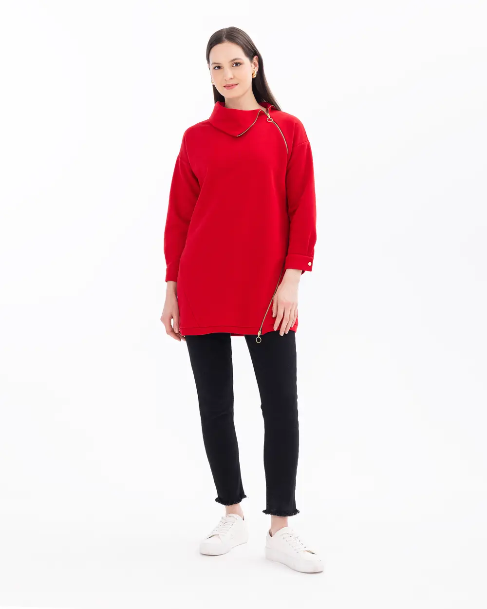 Asymmetric Collar Knit Fabric Sweatshirt