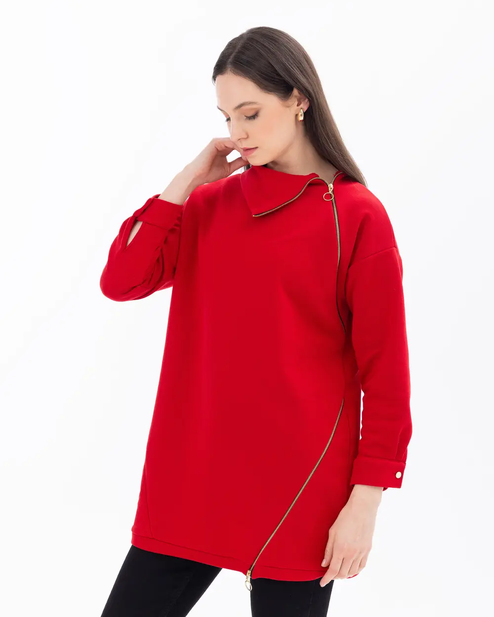 Asymmetric Collar Knit Fabric Sweatshirt