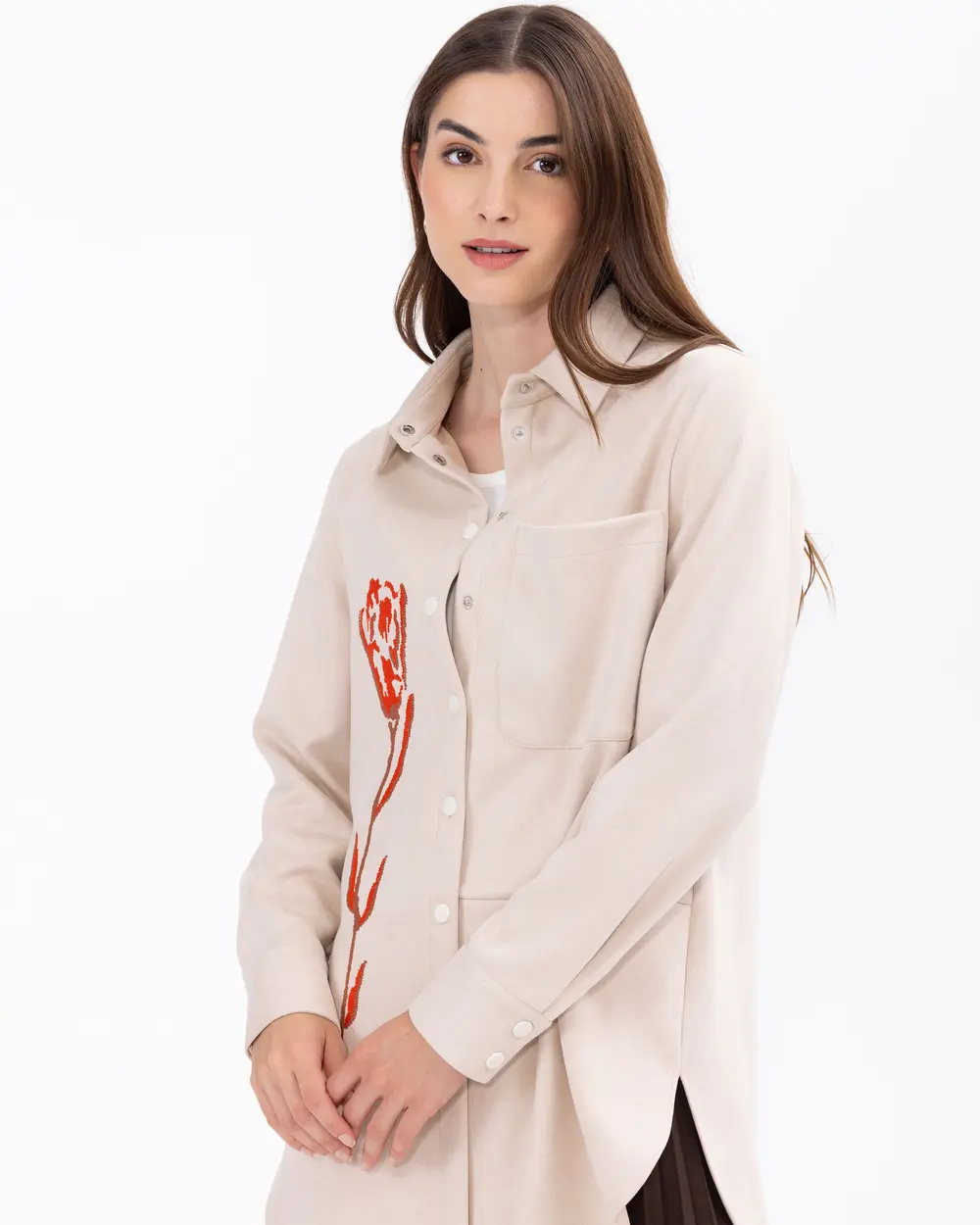 Suede Shirt with Embroidery Detail and Snap Buttons