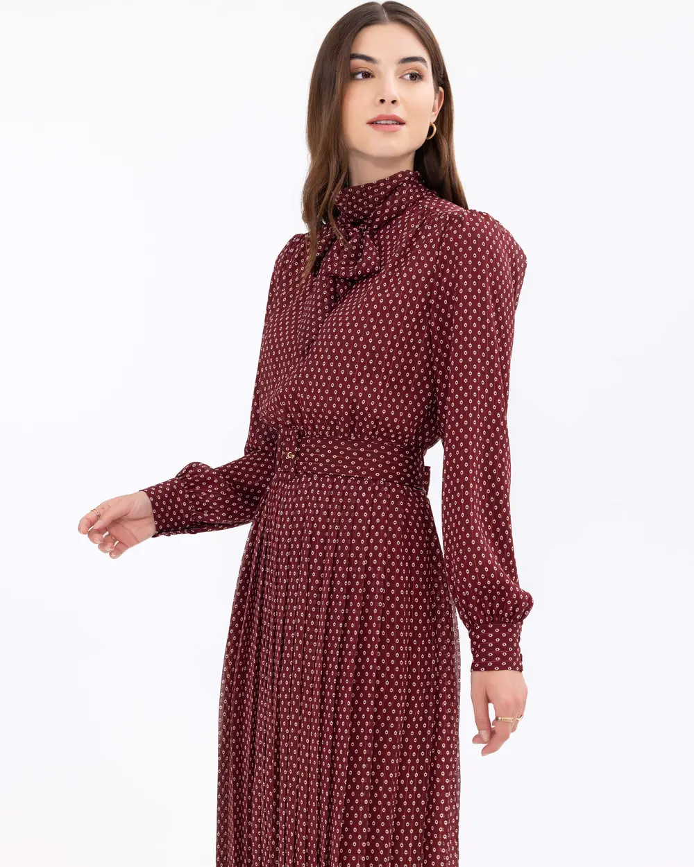 Patterned Shawl Collar Belted Dress