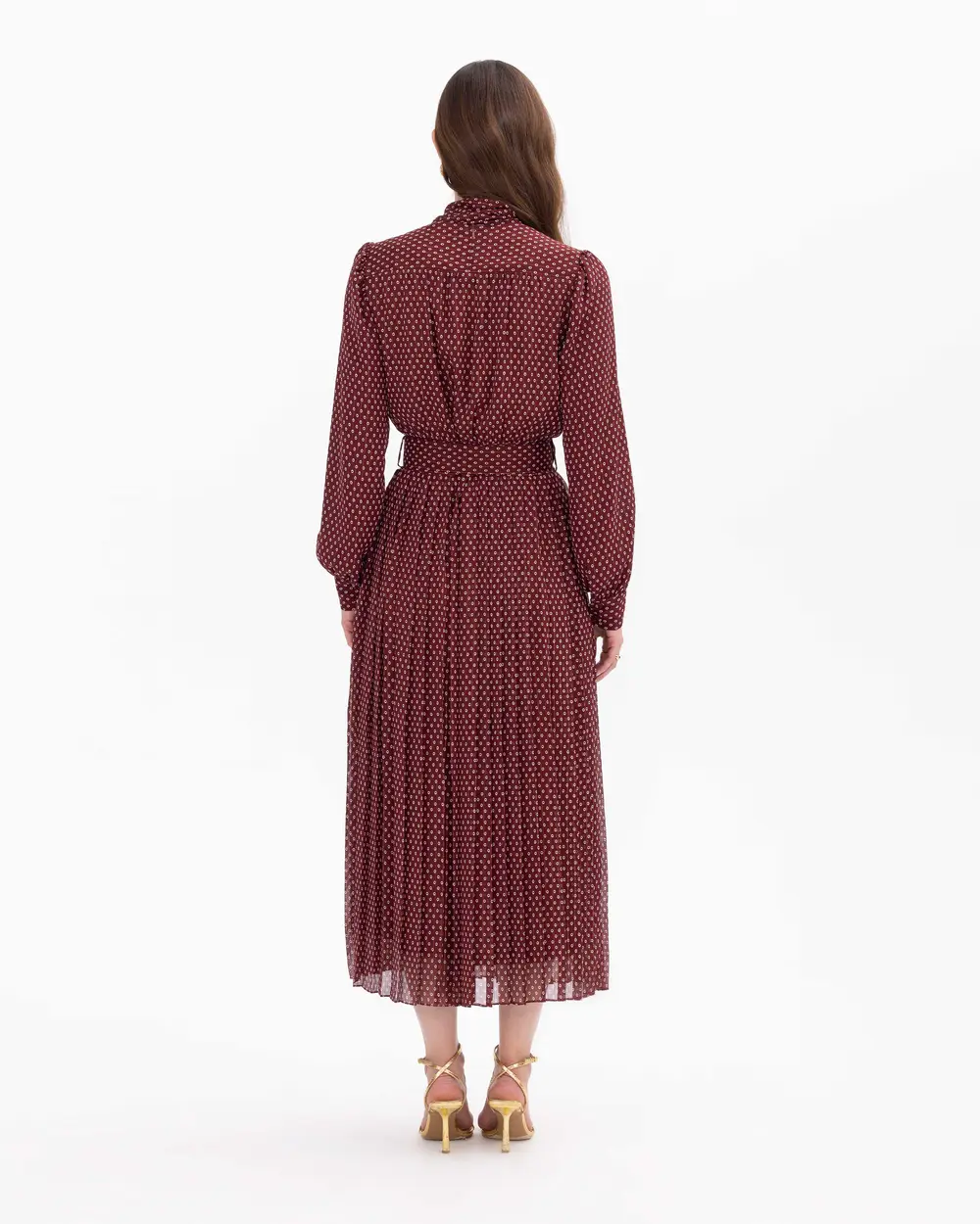 Patterned Shawl Collar Belted Dress