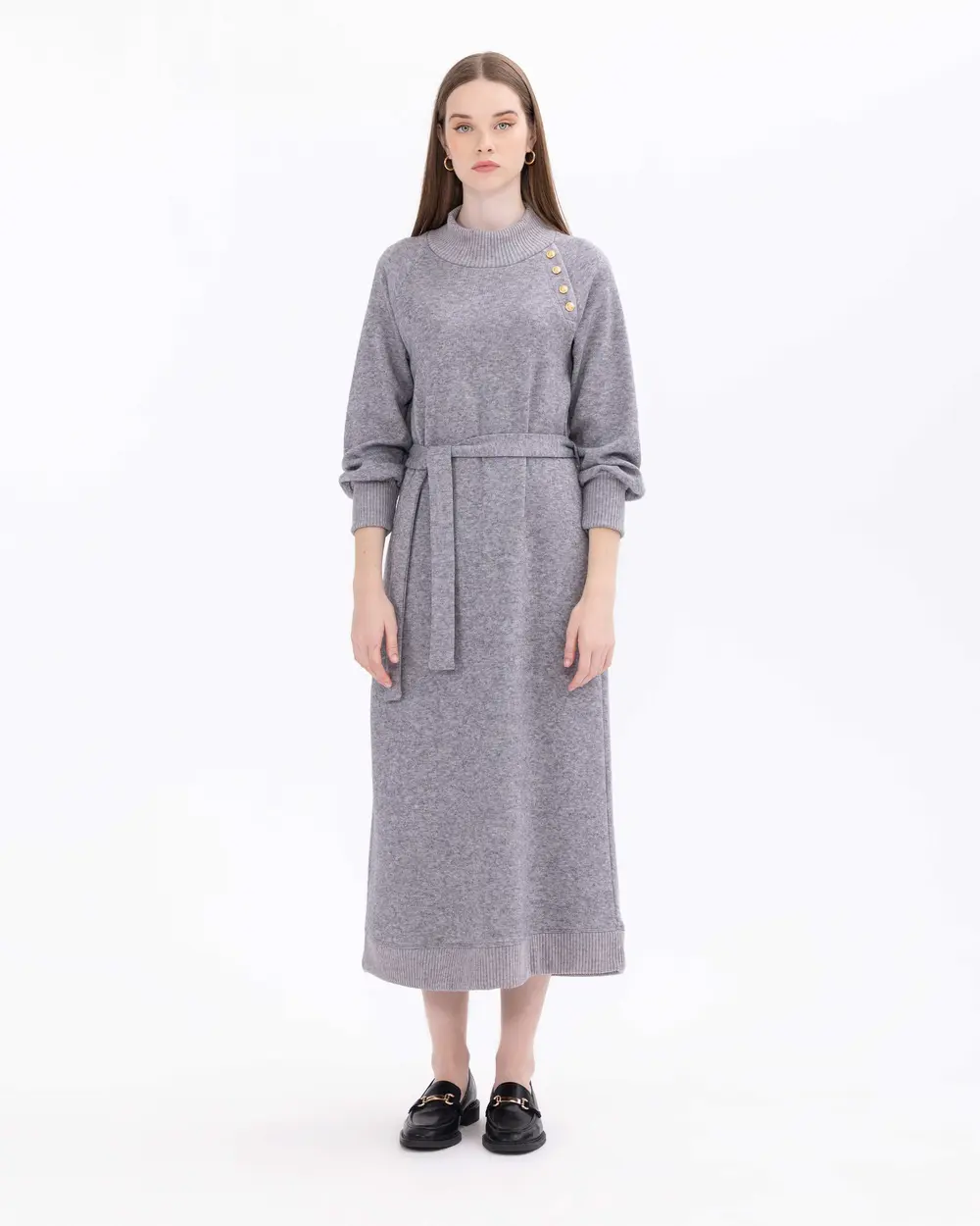 Knit Fabric Turtleneck Buttoned Dress