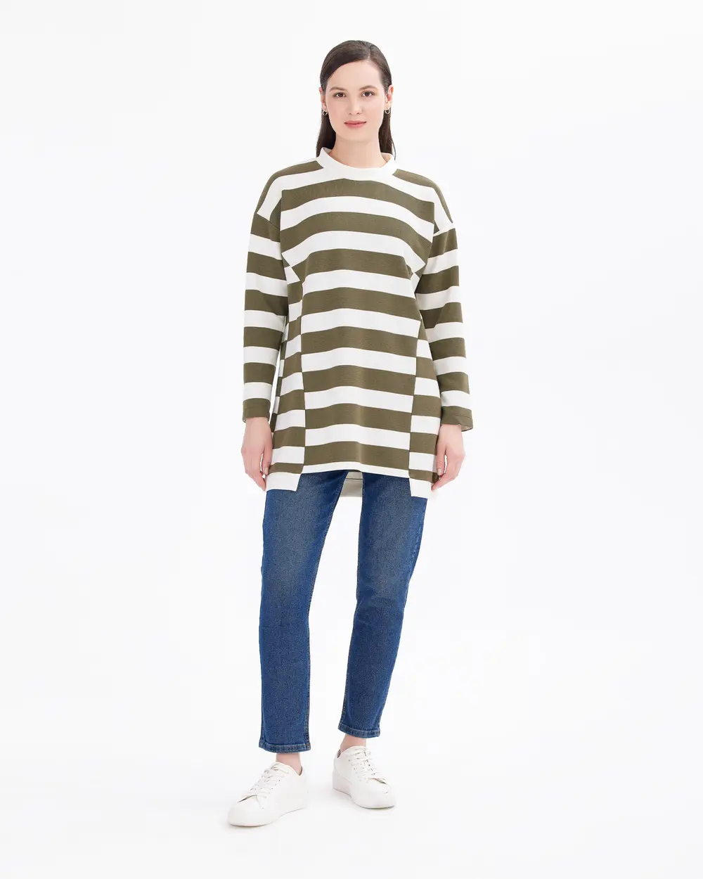 Stripe Patterned Crew Neck Tunic