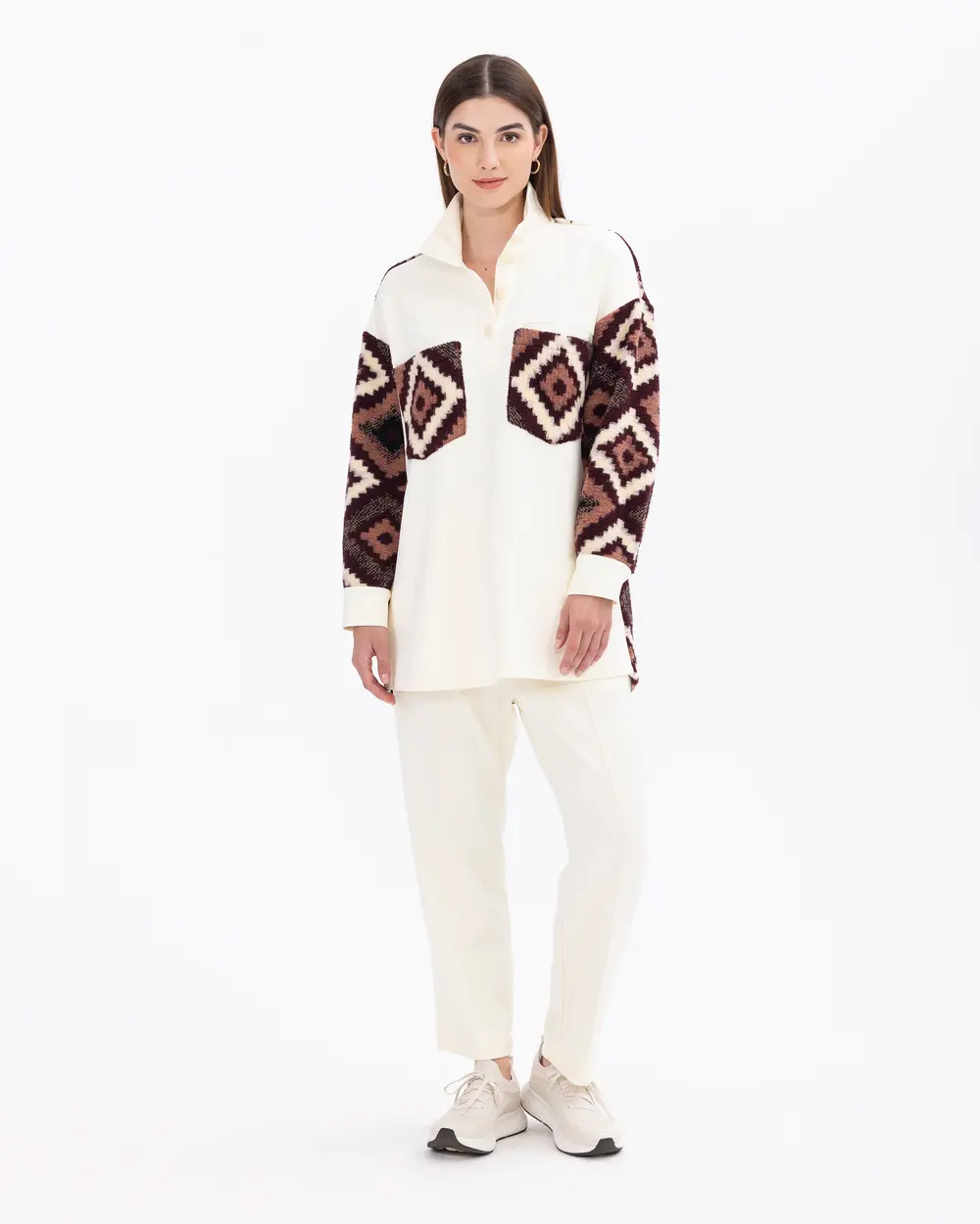 Ethnic Pattern Detailed Knitted Fabric Tunic with Judge Collar