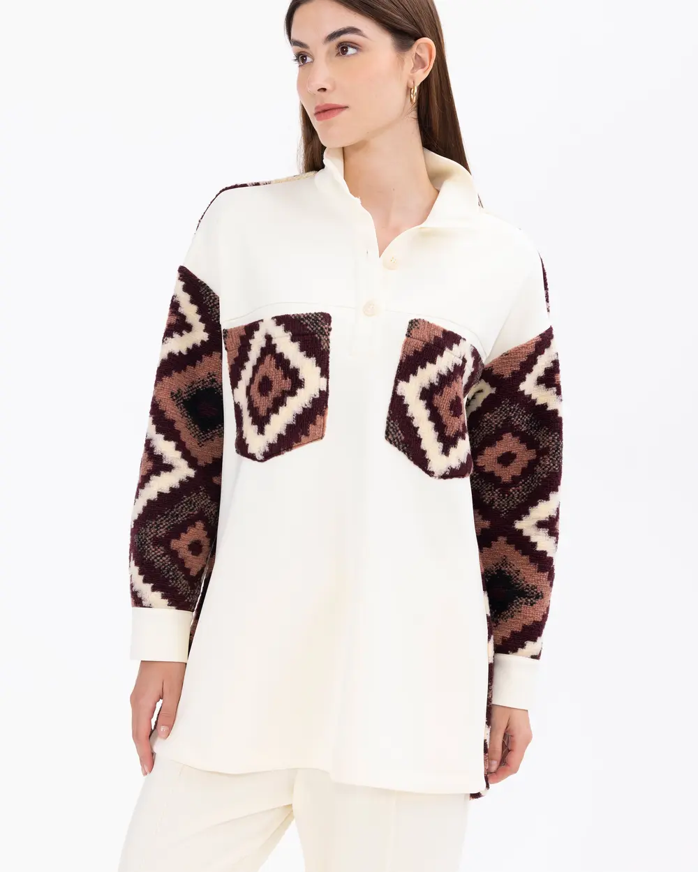 Ethnic Pattern Detailed Knitted Fabric Tunic with Judge Collar