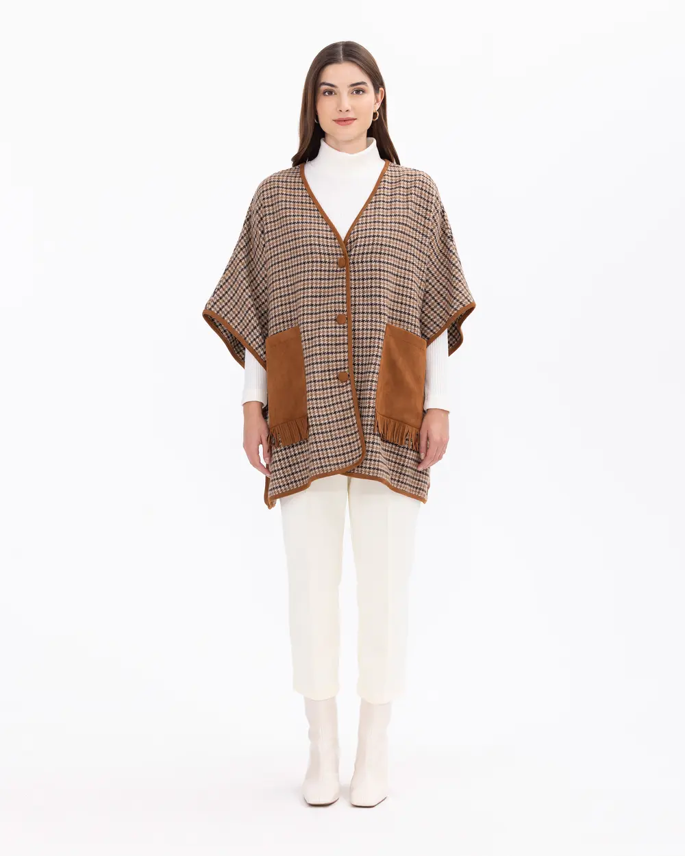 Houndstooth Patterned Oversize Poncho with Pocket Detail
