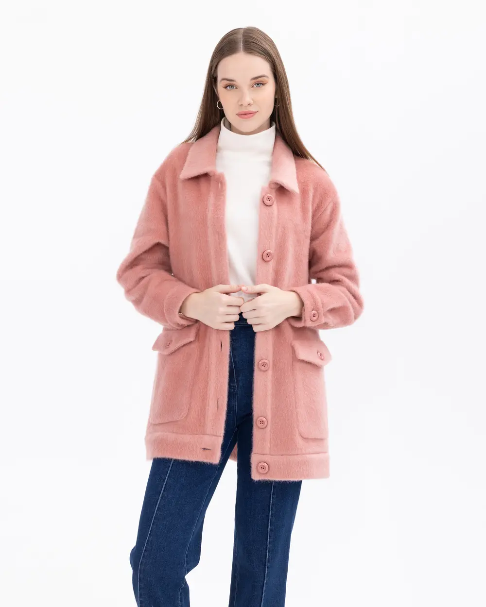 Shirt-Collared Coat with Pockets in Plush