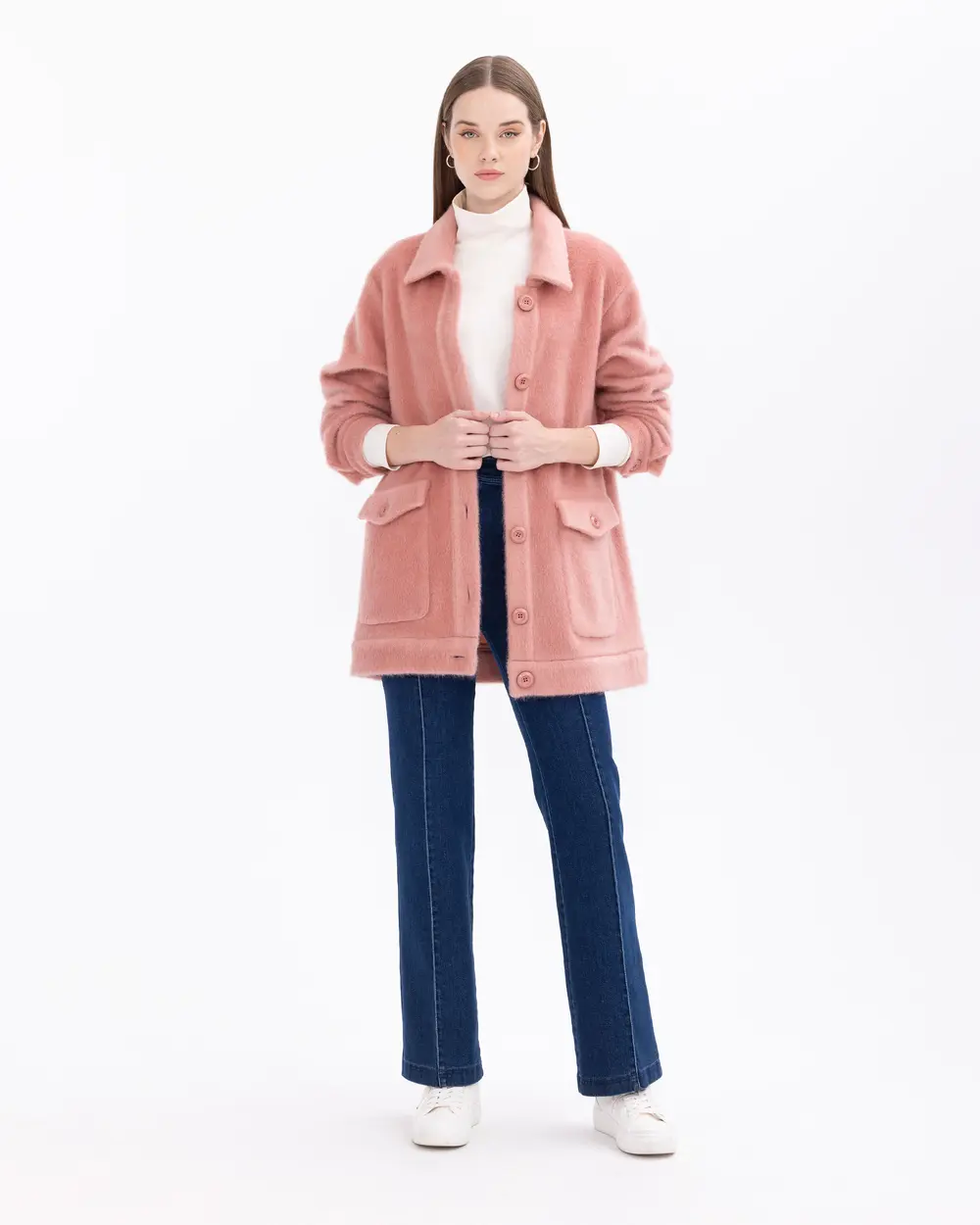 Shirt-Collared Coat with Pockets in Plush