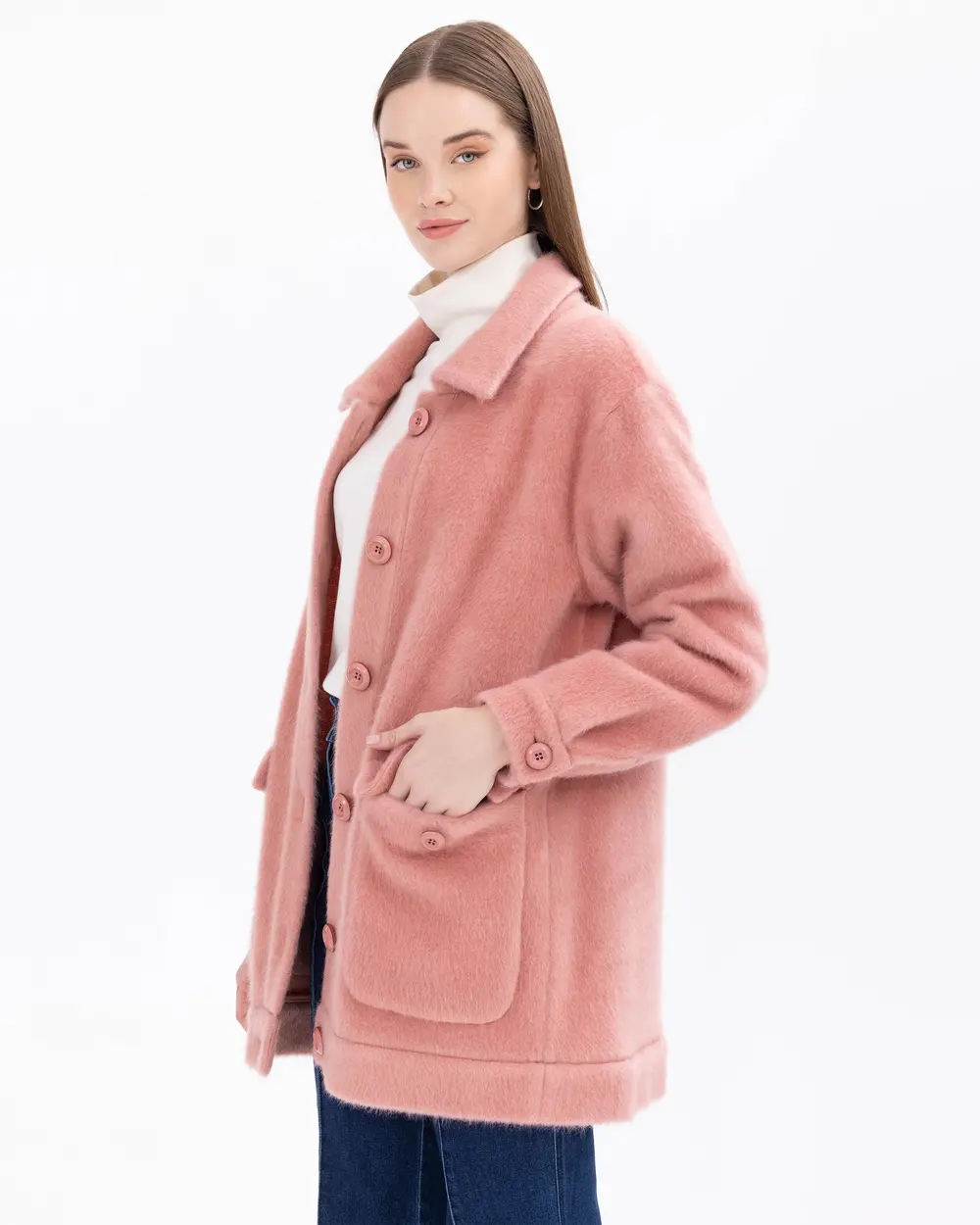 Shirt-Collared Coat with Pockets in Plush