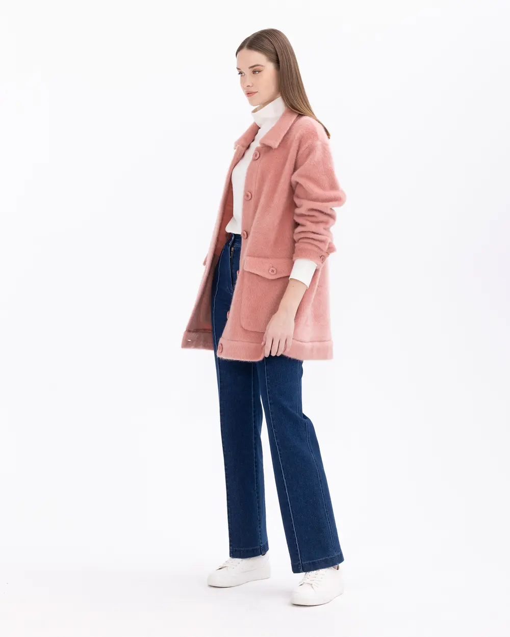 Shirt-Collared Coat with Pockets in Plush