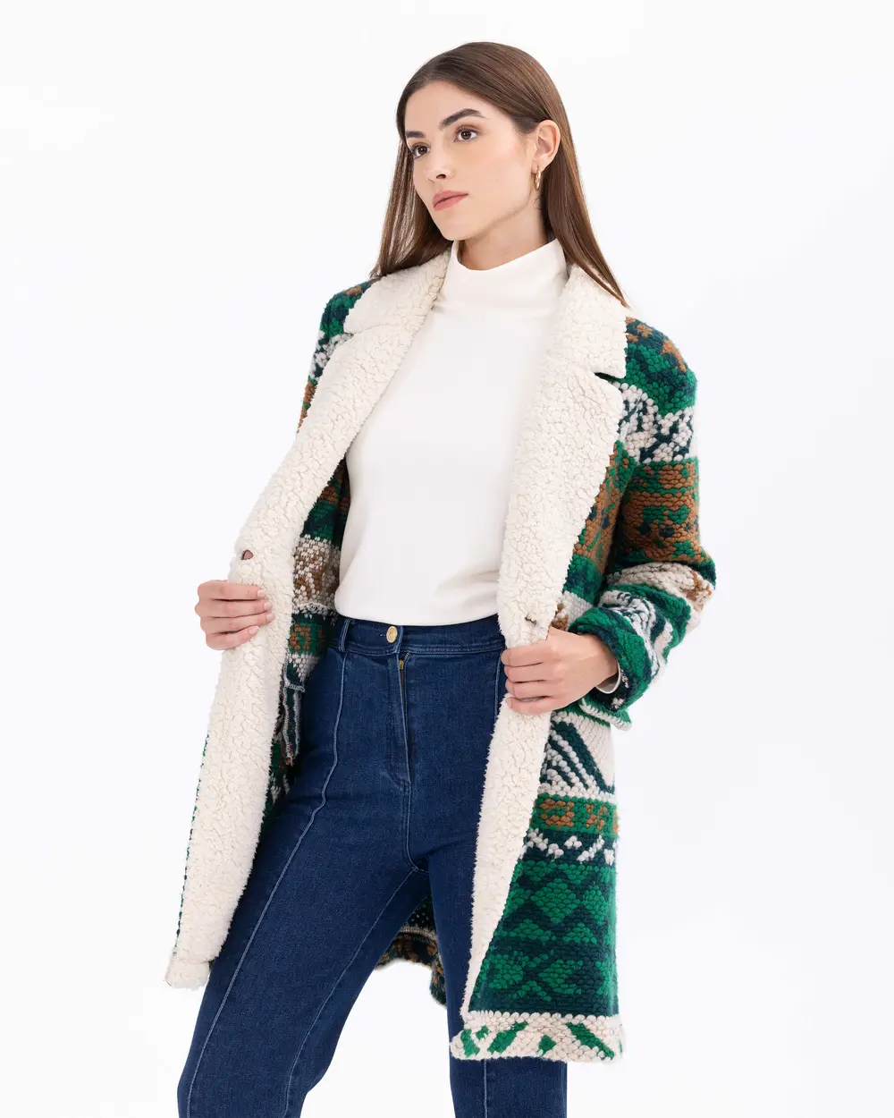 Mixed Patterned Plush Coat with Pockets
