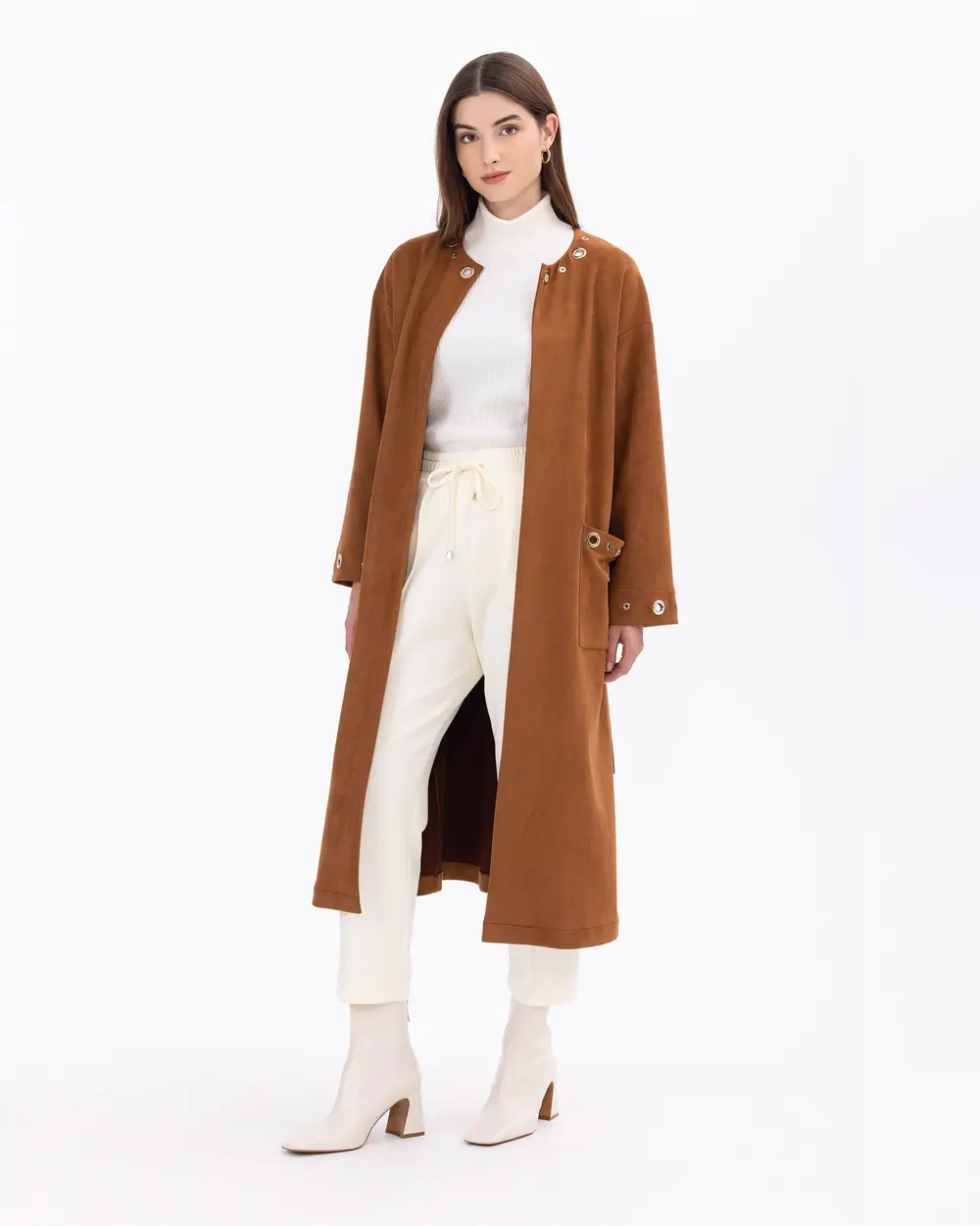 Collar Detailed Pocketed Suede Coat