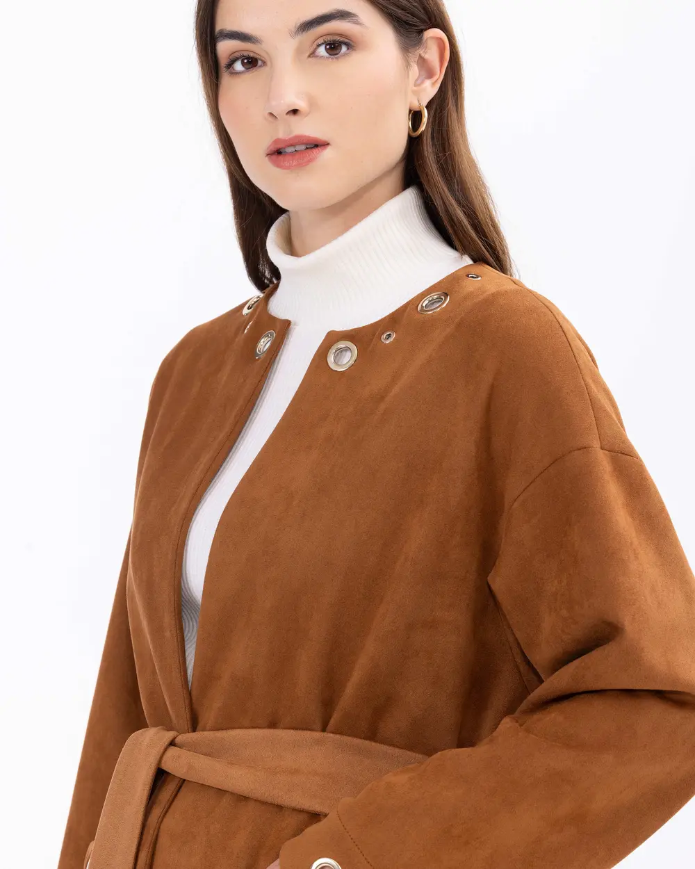 Collar Detailed Pocketed Suede Coat