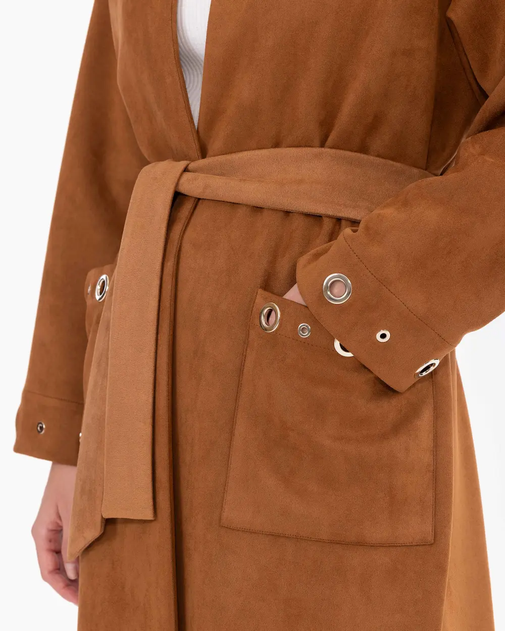 Collar Detailed Pocketed Suede Coat