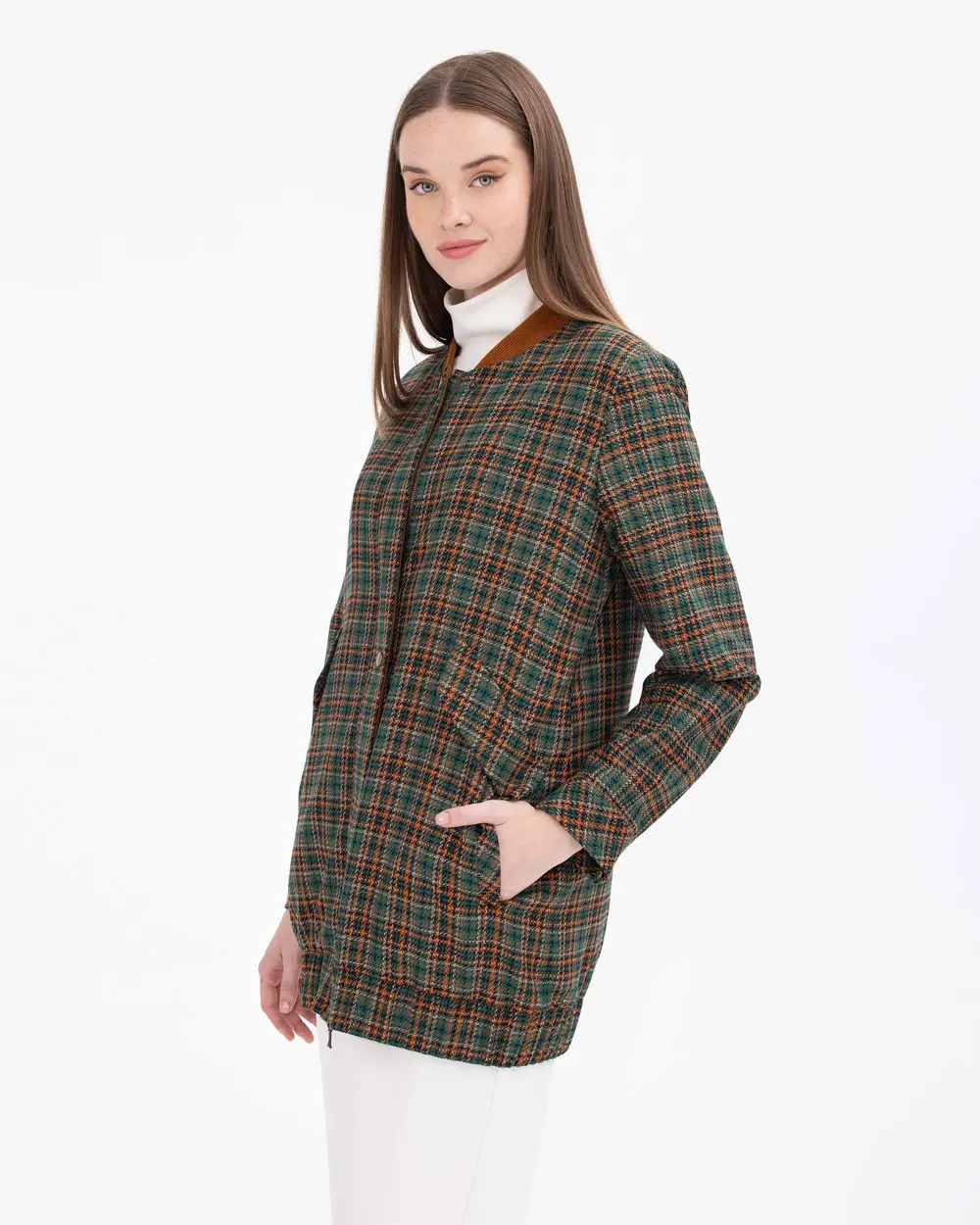 Plaid Patterned Relaxed Cut Bomber Jacket