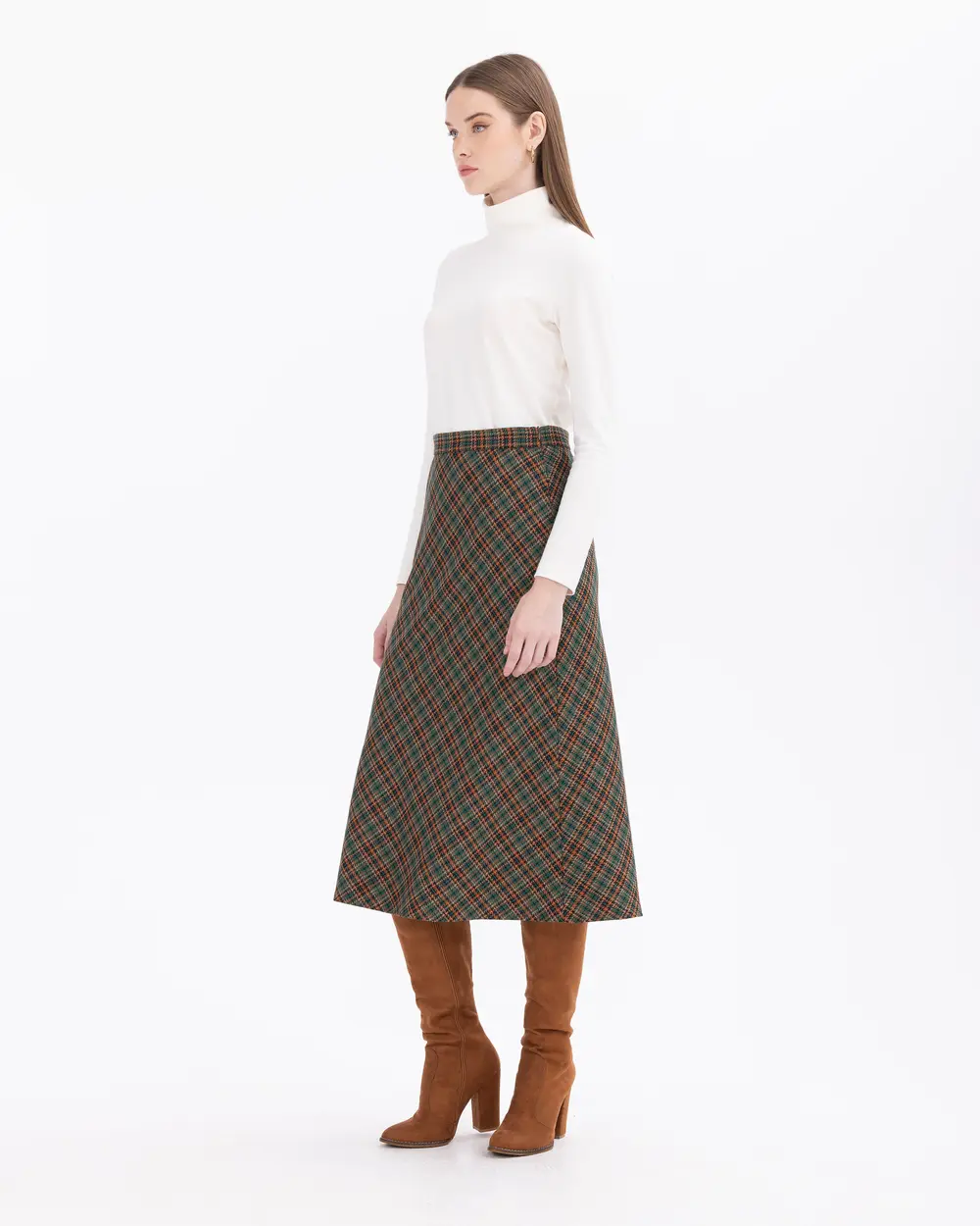 Plaid Patterned Midi Length Woven Skirt