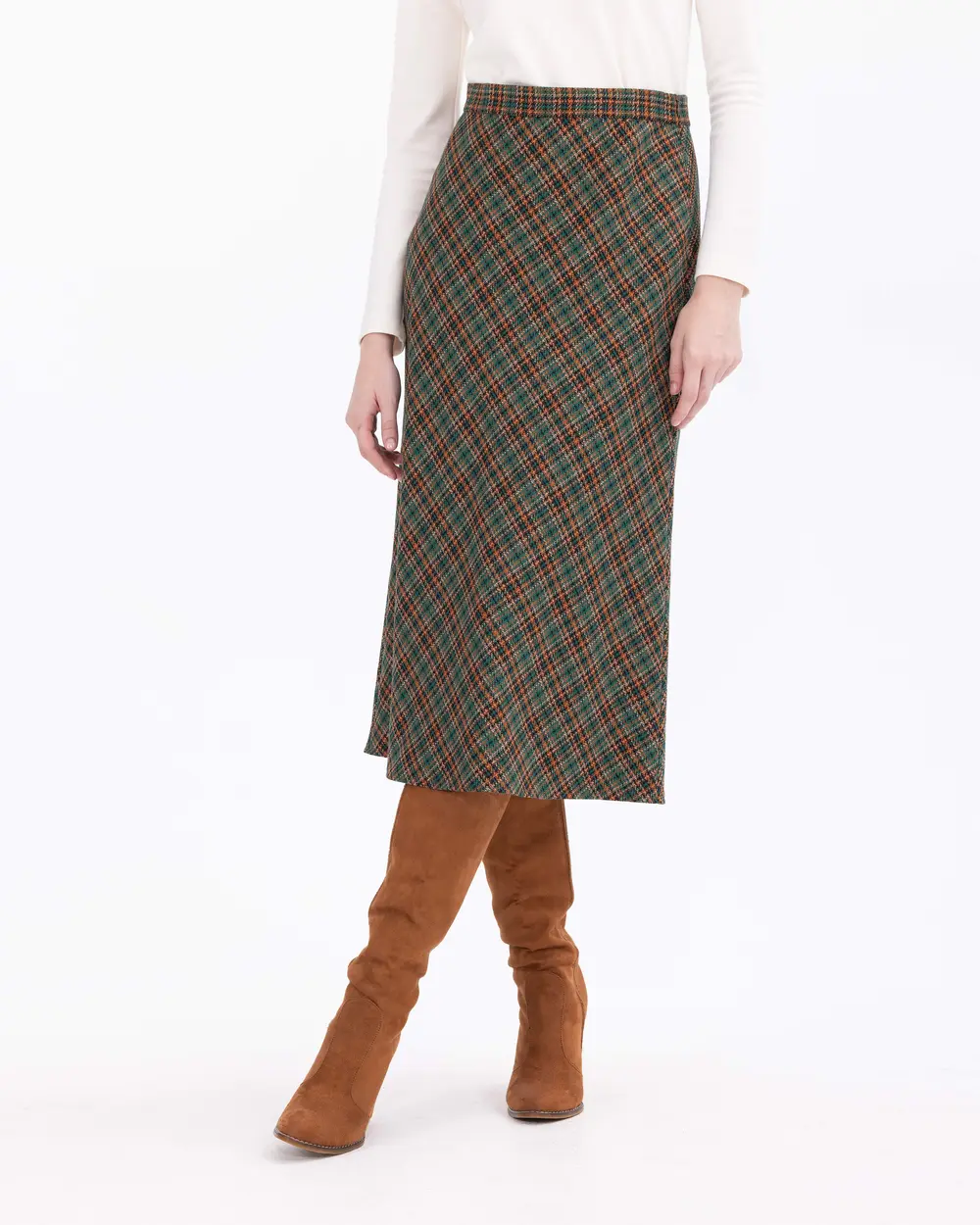 Plaid Patterned Midi Length Woven Skirt