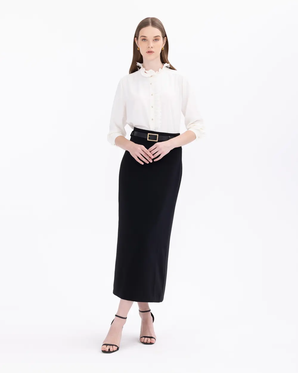 Belted Pencil-Skirt Dress in White & Black