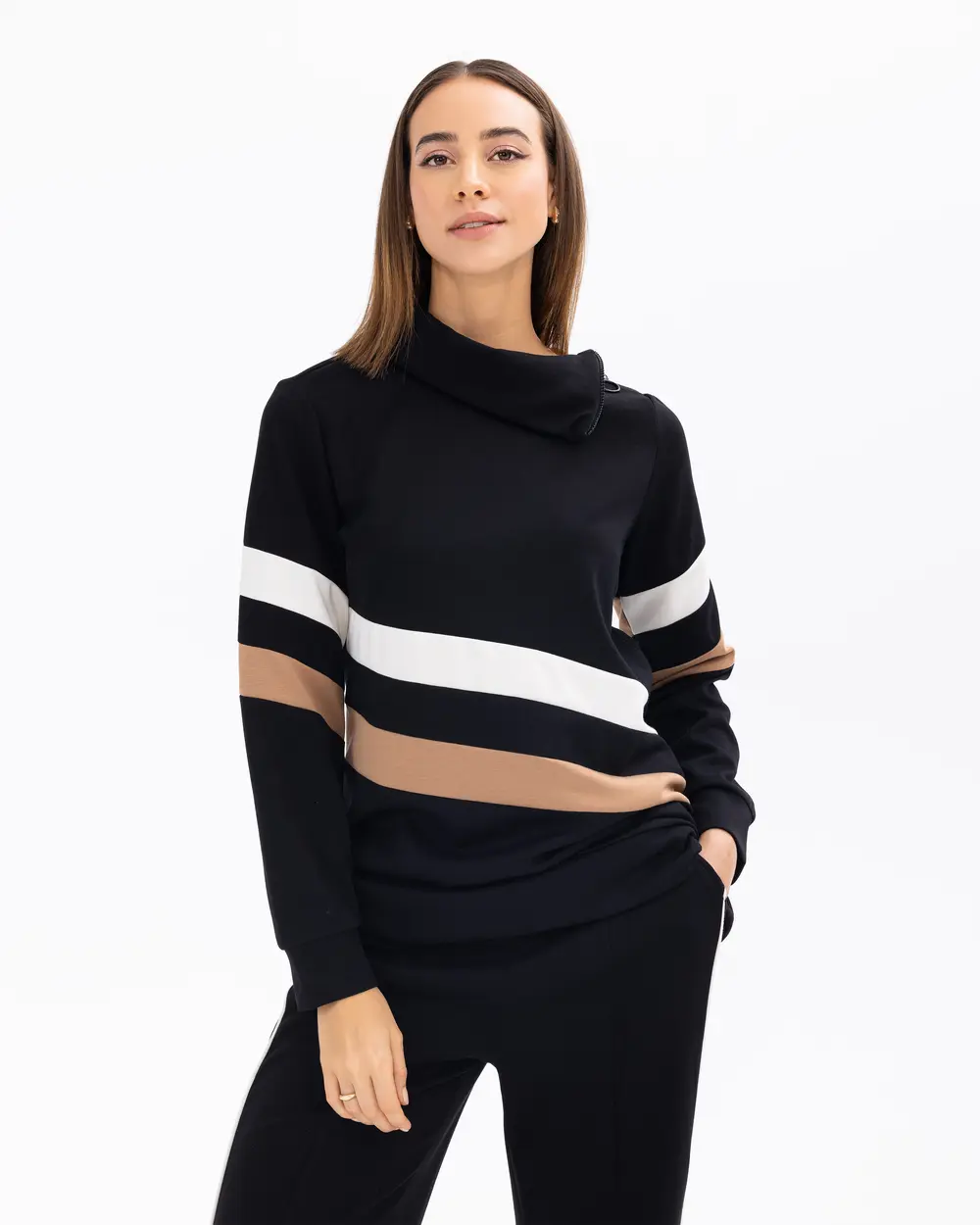 Asymmetrical Cut Sweatshirt with Stripe Detail