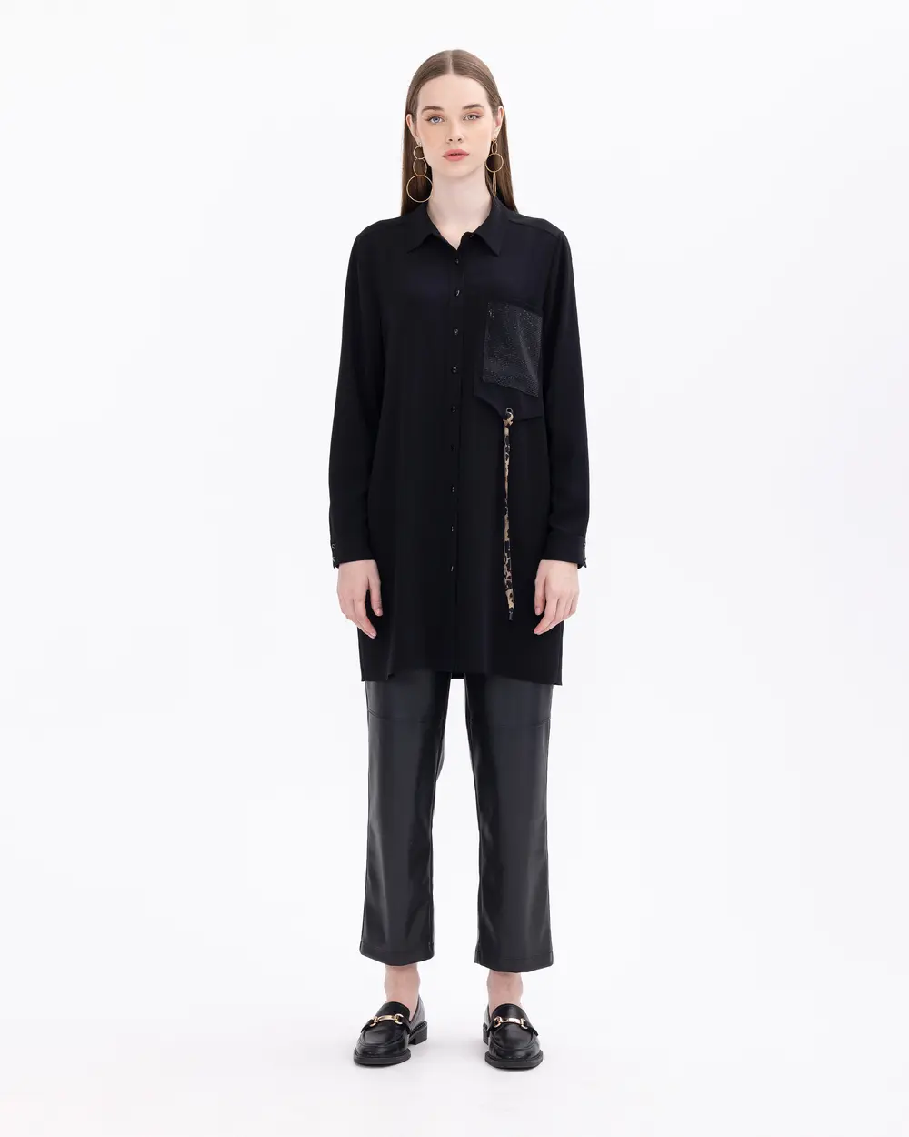 Leopar Desen Detaylı Önden Düğmeli Tunik